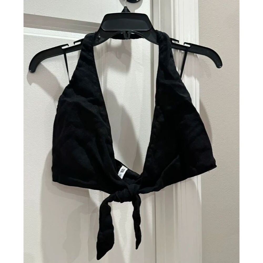 Zara Linen Tie-Front Halter Neck Crop Top